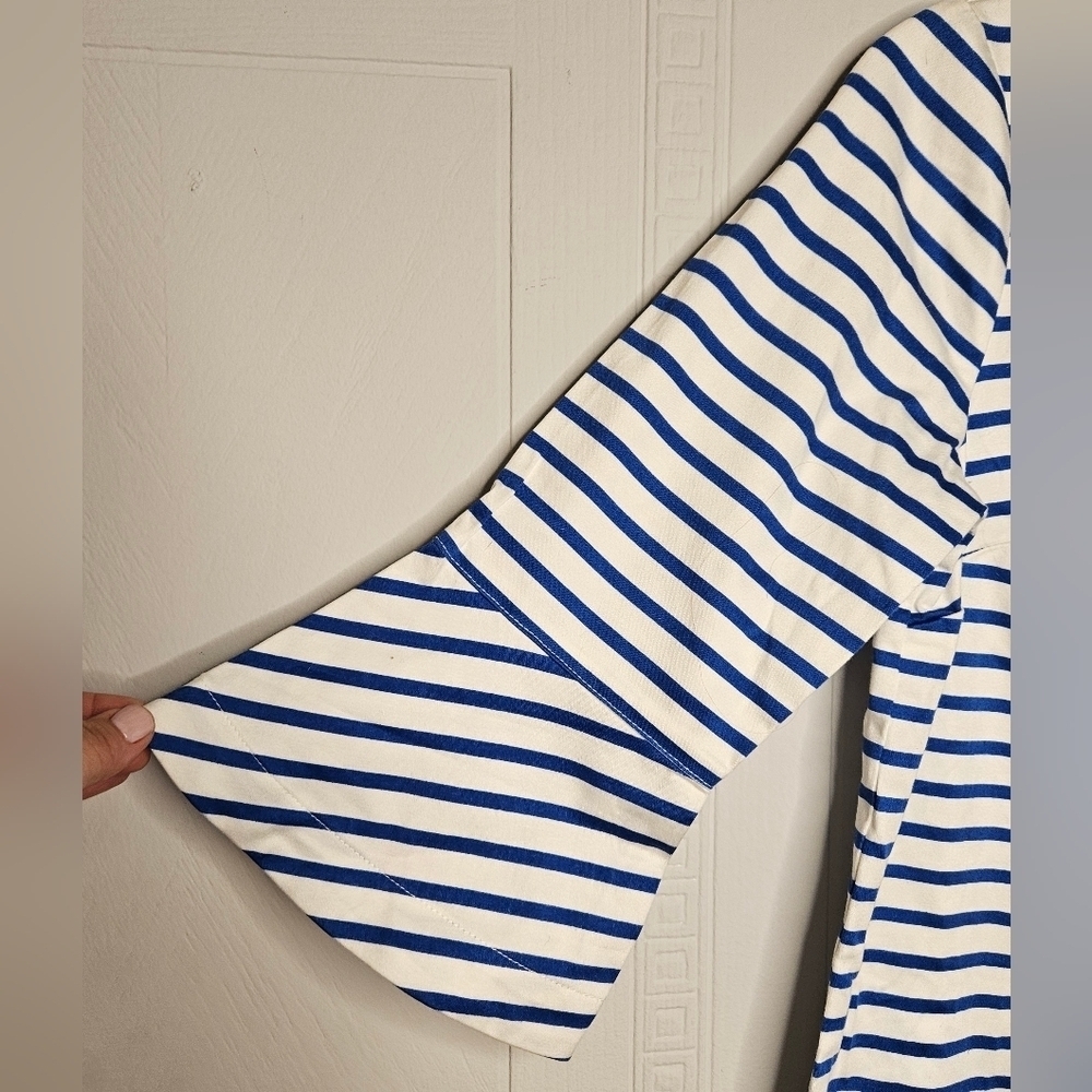 Draper James White Blue Striped Ruffle  3/4 Bell Sleeve Knee Length Dress SZ 2 - Picture 4 of 11